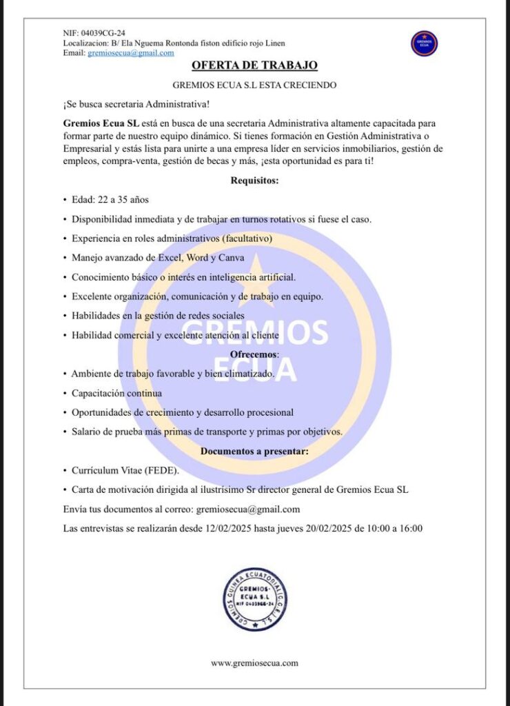 Gremios Ecua SL busca secretaria administrativa cualificada
