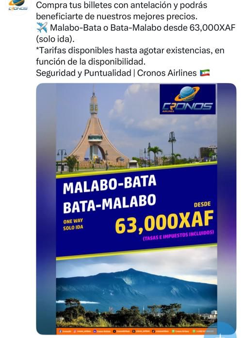 Cronos Airlines lanza nuevas tarifas especiales para vuelos entre Malabo y Bata