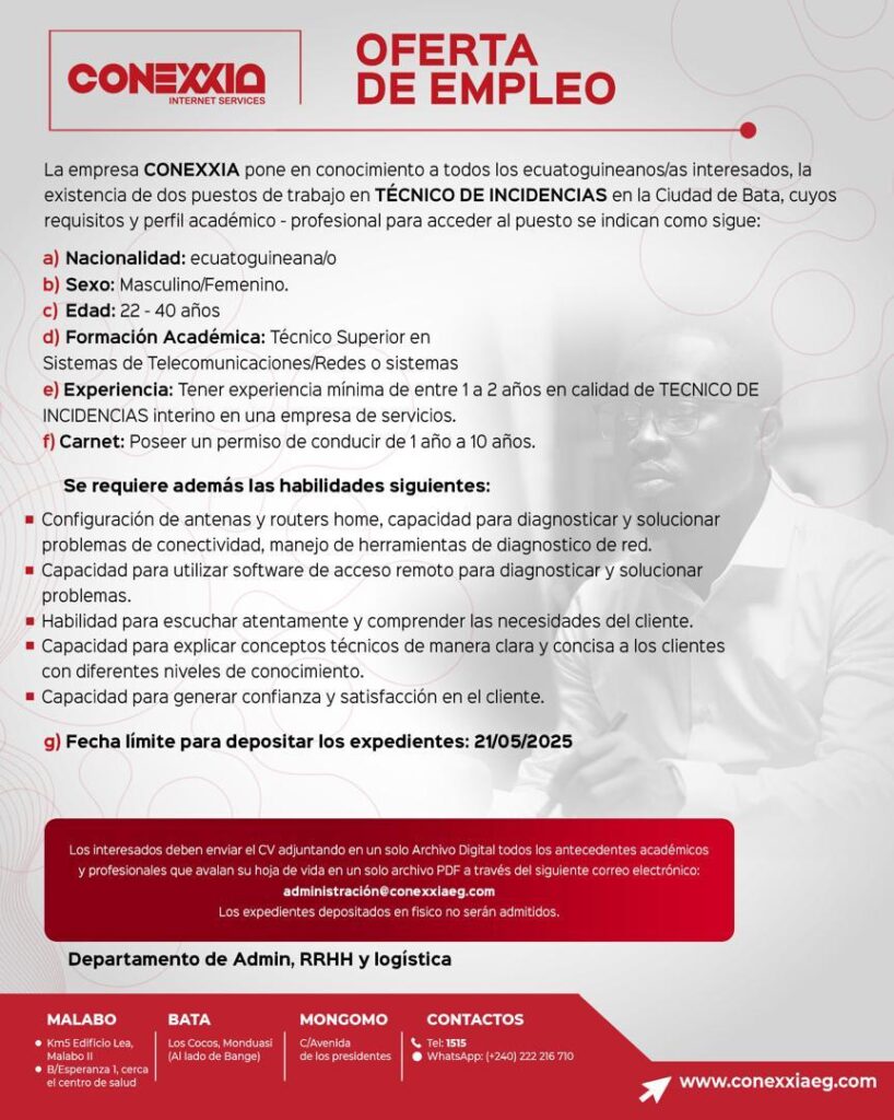 CONEXXIA abre convocatoria para técnicos de incidencias en Bata